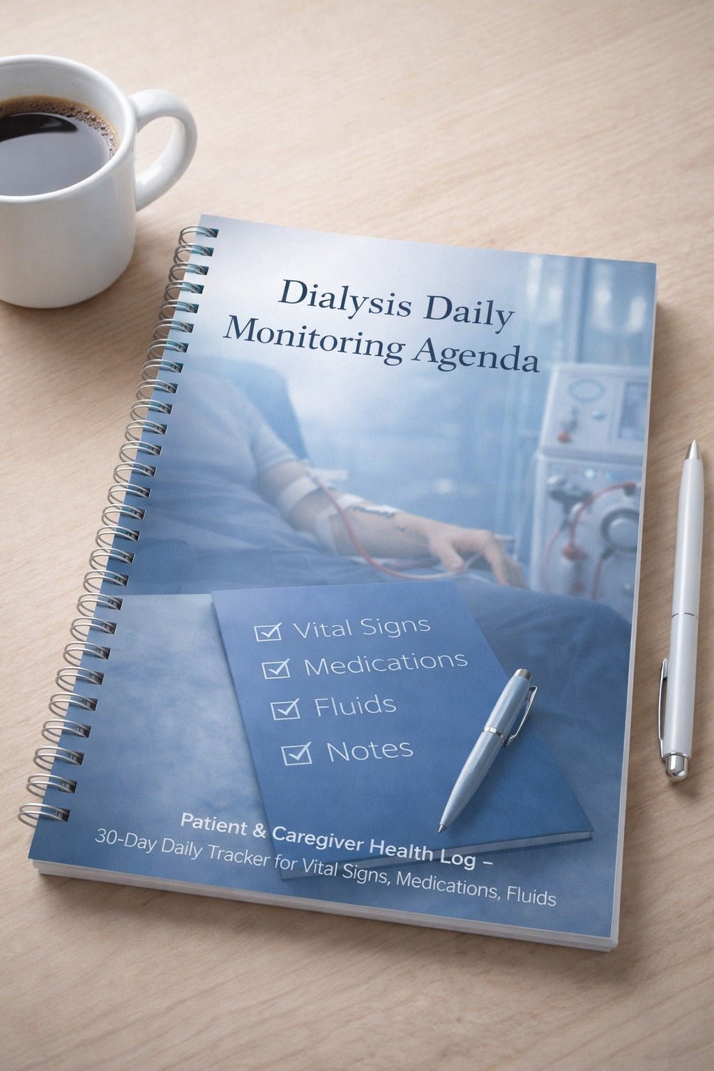 Dialysis Daily Monitoring Agenda / Patient & Caregiver Health Log – 30 - Day Daily Tracker for Vital Signs, Medications, Fluids & Notes - International kidney Health