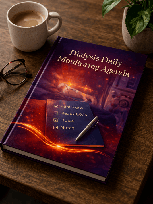 Dialysis Daily Monitoring Agenda / Patient & Caregiver Health Log – 30 - Day Daily Tracker for Vital Signs, Medications, Fluids & Notes - International kidney Health